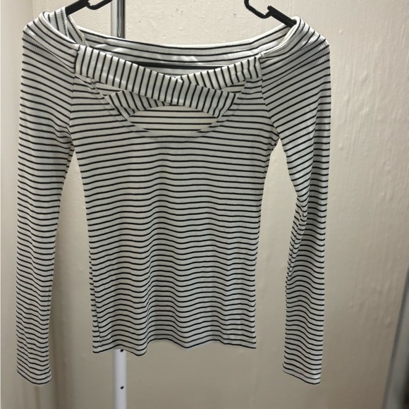 Lucky Brand Stripe Off Shoulder Ribbed Top Long Sleeve Criss Cross Back Size XS - Picture 6 of 7